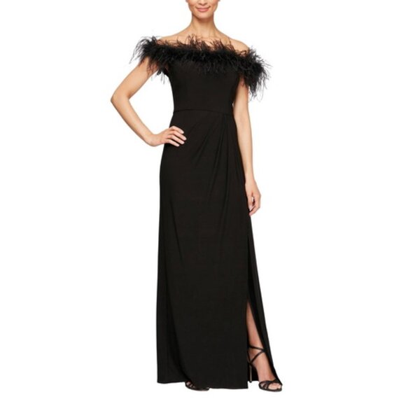 Alex Evenings Black Feather Trimmed Off the Shoulder Gown - Picture 1 of 2